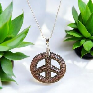 Artisan handcrafted lampwork pink & black glass peace sign on 18” chain necklace